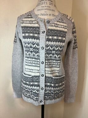 NEW Eddie Bauer Sweater Womens Gray Button Nordic Fair Isle Cardigan Size S